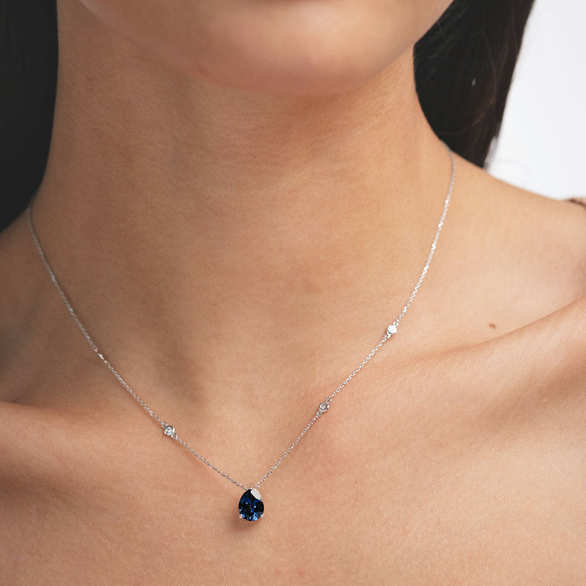 Astra 3.20ct Lab Sapphire and Diamond Solitaire Pear Cut Necklace in Silver